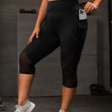 Yoga Basic Leggings deportivos de malla en contraste de cintura ancha con bolsillo de celular