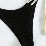 Swim SXY Conjunto de bikini texturizado con detalle de perlas, parte superior de cuello asimetrico y parte inferior de corte alto, traje de bano de 2 piezas