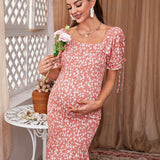 DEARCASE Maternidad Vestido con estampado floral de cuello cuadrado de manga farol amarre en manga