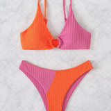 Swim Vcay Conjunto de bikini acanalado con bloques de color Sujetador de tirantes con aros y parte inferior de bikini Traje de bano de 2 piezas