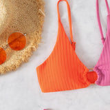Swim Vcay Conjunto de bikini acanalado con bloques de color Sujetador de tirantes con aros y parte inferior de bikini Traje de bano de 2 piezas