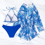 Swim Vcay Conjunto de bikini con estampado tropical aleatorio Top de sujetador triangular con cuello halter y parte inferior de bikini y traje de bano de 3 piezas con cordon lateral para cubrir