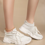 Zapatillas de deporte gruesas delanteras con cordones, zapatillas de deporte de mujer atleticas blancas de punto