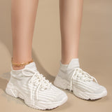 Zapatillas de deporte gruesas delanteras con cordones, zapatillas de deporte de mujer atleticas blancas de punto