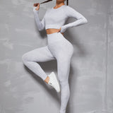 Yoga Trendy 2 piezas Conjunto outfits de gimnasio traje de yoga fitness con estiramiento alto inconsutil Top con agujeros de pulgar de espalda con abertura con Leggings de cintura ancha