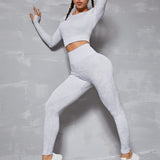 Yoga Trendy 2 piezas Conjunto outfits de gimnasio traje de yoga fitness con estiramiento alto inconsutil Top con agujeros de pulgar de espalda con abertura con Leggings de cintura ancha