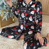 Conjunto de pijama Papa Noel de Navidad & con estampado de letra ribete en contraste de saten