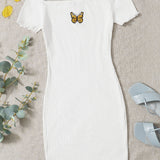 Qutie Vestido tejido de canale con bordado de mariposa ribete en forma de lechuga