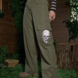 ROMWE Grunge Punk Pantalones con estampado de craneo unido en contraste