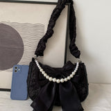 Bolso hobo con cuenta con perla artificial con diseno de lazo con textura cremallera de moda