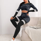 Yoga Trendy 2 piezas Traje de Yoga inconsutil con estampado de camuflaje a rayas, conjunto de ropa de gimnasio, camiseta de manga raglan, Leggings de cintura ancha