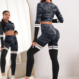 Yoga Trendy 2 piezas Traje de Yoga inconsutil con estampado de camuflaje a rayas, conjunto de ropa de gimnasio, camiseta de manga raglan, Leggings de cintura ancha