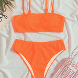 Swim Vcay Conjunto de bikini con textura naranja neon Sujetador sin aros y bottom de bikini de cintura alta Traje de bano de 2 piezas