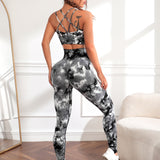 Yoga Trendy Conjunto deportivo de tie dye de espalda abierta con tira cruzada de cintura ancha