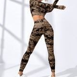 Yoga Trendy 2 piezas Traje deportivo conjunto de yoga de tie dye con estiramiento alto inconsutil Camiseta deportiva de manga raglan con leggings con control de barriga