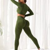 Yoga Basic 2 piezas Conjunto fitness de yoga unicolor inconsutil Camiseta deportiva de manga raglan con Leggings con gluteos apretados