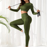 2 piezas Conjunto fitness de yoga unicolor inconsutil Camiseta deportiva de manga raglan con Leggings con gluteos apretados