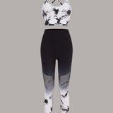 Yoga Trendy Conjunto de Yoga con tinte de corbata inconsutil, 2 piezas, traje deportivo, sujetador de camisola con espalda cruzada y mallas con cintura ancha
