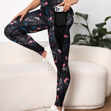 Yoga Floral Leggings deportivos con estampado de cintura ancha con bolsillo para telefono