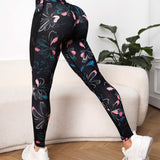 Yoga Floral Leggings deportivos con estampado de cintura ancha con bolsillo para telefono