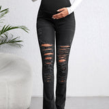 Maternidad Jeans de pierna amplia de cintura ajustable desgarro crudo
