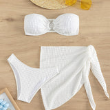 Swim Chicsea Traje de bano de 3 piezas con sujetador de bandeau con aros y falda de playa y parte inferior de corte alto con textura de bikini