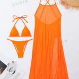 Swim BAE Conjunto de bikini transparente Brasier triangular y bottom de tanga y vestido para cubrir