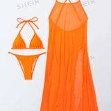 Swim BAE Conjunto de bikini transparente Brasier triangular y bottom de tanga y vestido para cubrir
