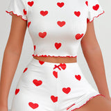 Conjunto de pijama con estampado de corazon ribete en forma de lechuga con lazo delantero