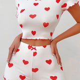 Conjunto de pijama con estampado de corazon ribete en forma de lechuga con lazo delantero