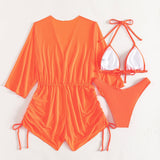 Swim Vcay Conjunto de bikini de malla transparente Brasier de triangulo halter y bottom de tanga y vestido para cubrir Vestido de baño de 3 piezas
