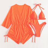 Swim Vcay Conjunto de bikini de malla transparente Brasier de triangulo halter y bottom de tanga y vestido para cubrir Vestido de baño de 3 piezas
