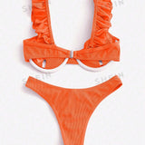Swim Mod Conjunto de bikini acanalado Brasier con aros con volantes y bottom descarada fruncida Vestido de baño de 2 piezas