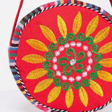 Mini bolso circular vintage bordado de flores color combinado correa ajustable