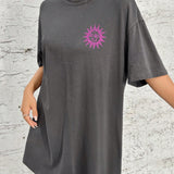 EZwear Vestido estilo camiseta de hombros caidos con estampado de sol y luna