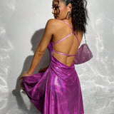 ICON Vestido de tirantes holografico escote drapeado de espalda abierta con tira cruzada