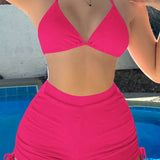 Swim Basics Conjunto de bikini unicolor Brasier triangular halter y calzoncillos tipo boxer de talle alto Vestido de baño de 2 piezas