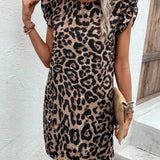Vestido con estampado de leopardo con cordon trasero ribete con fruncido