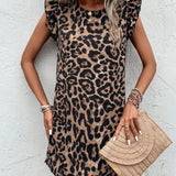 Vestido con estampado de leopardo con cordon trasero ribete con fruncido