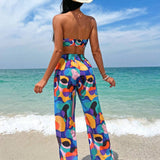 Swim Vcay Banador bikini bandeau con estampado con pantalones cover up
