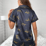 Conjunto de pijama con estampado de leopardo ribete en contraste de saten