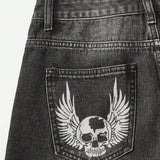 Grunge Punk Shorts en mezclilla de craneo & con estampado de ala