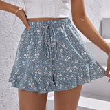WYWH Shorts con estampado floral con cordon delantero bajo con fruncido