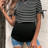 Maternidad Camiseta con estampado de rayas amarre en manga amamantamiento