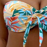 Swim Vcay Vestido de baño bikini bandeau con estampado tropical con nudo delantero