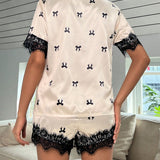 Conjunto de pijama con estampado de lazo ribete con encaje de pestana de saten