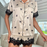 Conjunto de pijama con estampado de lazo ribete con encaje de pestana de saten