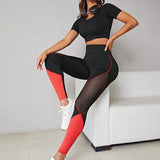 Yoga Future Leggings deportivos de dos tonos de malla con puntada de cintura ancha