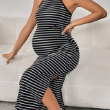 Maternidad Vestido de rayas de muslo con abertura de cuello halter de espalda abierta