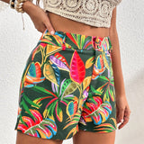 VCAY Shorts con estampado tropical de talle alto